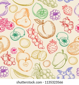 Fruits sketch pattern. Beautiful color orange, lemon and berries fruits doodle vector background