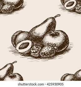 Fruits sketch style seamless pattern vector illustration. Old engraving imitation. Hand drawn sketch imitation