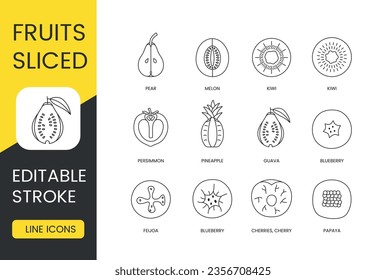 Fruits sliced, vector line icon set, editable stroke. Pieces of papaya and cherries, cherry and blueberry, feijoa and guava, pineapple and persimmon, kiwi and melon, pear