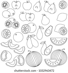 Fruits and slices elements set, collection of coloring book template, the group of outline digital elements vector illustration, kid educational game page.