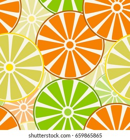 Fruits, slices of oranges, lemons and limes. Seamless pattern