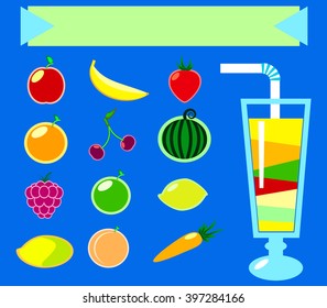 Fruits and smoothie glass flat vector illustration on blue background with place for text, set of juicy fruits, isolated fruits clipart, health lifestyle vector illustration, juice station poster