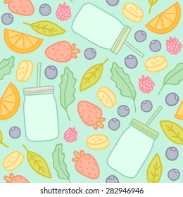 Fruits and smoothie jars blue seamless pattern