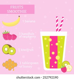 Fruits smoothie recipe - banana, raspberry, kiwifruit and honey. Menu element for cafe or restaurant with energetic fresh drink made in flat style. Fresh juice for healthy life. Organic raw shake.