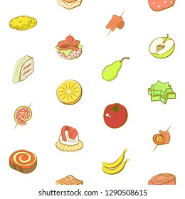 Fruits and Snacks set. Background for printing, design, web. Usable as icons. Seamless. Colored.