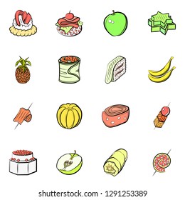 Fruits and Snacks set. Background for printing, design, web. Usable as icons. Colored.
