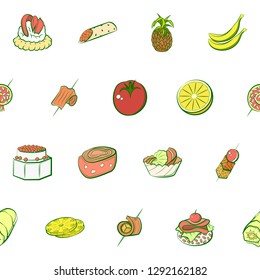 Fruits and Snacks set. Background for printing, design, web. Usable as icons. Seamless. Colored.