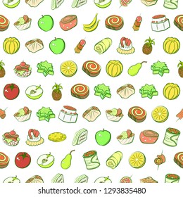 Fruits and Snacks set. Background for printing, design, web. Usable as icons. Seamless. Colored.