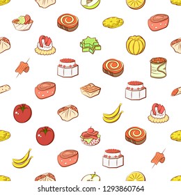 Fruits and Snacks set. Background for printing, design, web. Usable as icons. Seamless. Colored.