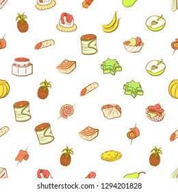 Fruits and Snacks set. Background for printing, design, web. Usable as icons. Seamless. Colored.