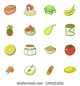 Fruits and Snacks set. Background for printing, design, web. Usable as icons. Colored.