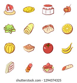 Fruits and Snacks set. Background for printing, design, web. Usable as icons. Colored.
