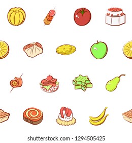 Fruits and Snacks set. Background for printing, design, web. Usable as icons. Seamless. Colored.