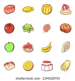 Fruits and Snacks set. Background for printing, design, web. Usable as icons. Colored.