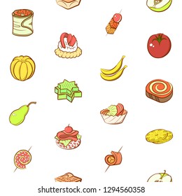Fruits and Snacks set. Background for printing, design, web. Usable as icons. Seamless. Colored.