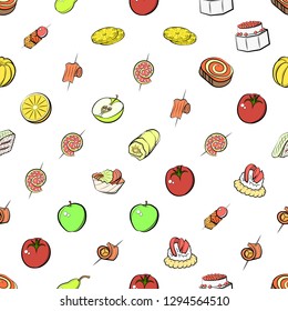 Fruits and Snacks set. Background for printing, design, web. Usable as icons. Seamless. Colored.