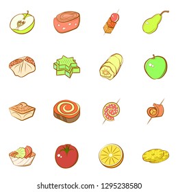 Fruits and Snacks set. Background for printing, design, web. Usable as icons. Colored.