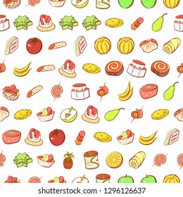 Fruits and Snacks set. Background for printing, design, web. Usable as icons. Seamless. Colored.