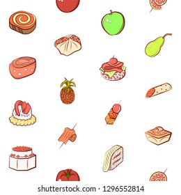 Fruits and Snacks set. Background for printing, design, web. Usable as icons. Seamless. Colored.