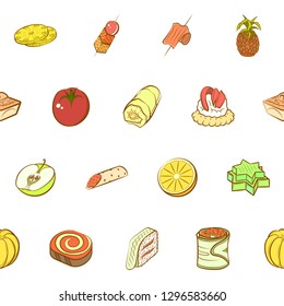 Fruits and Snacks set. Background for printing, design, web. Usable as icons. Seamless. Colored.