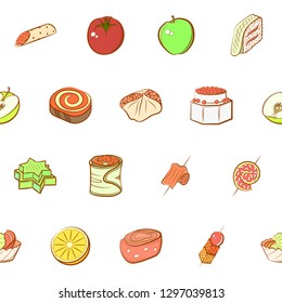 Fruits and Snacks set. Background for printing, design, web. Usable as icons. Seamless. Colored.