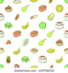 Fruits and Snacks set. Background for printing, design, web. Usable as icons. Seamless. Colored.