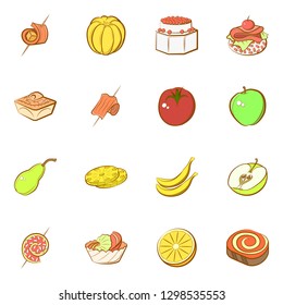 Fruits and Snacks set. Background for printing, design, web. Usable as icons. Colored.