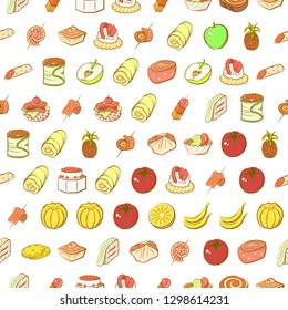 Fruits and Snacks set. Background for printing, design, web. Usable as icons. Seamless. Colored. Fruits and Snacks set. Background for printing, design, web. Usable as icons. Seamless. Colored.