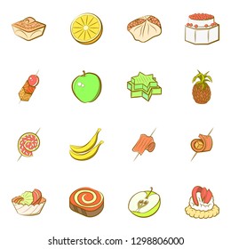 Fruits and Snacks set. Background for printing, design, web. Usable as icons. Colored.