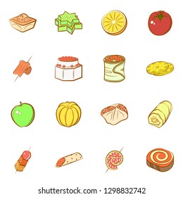 Fruits and Snacks set. Background for printing, design, web. Usable as icons. Colored.
