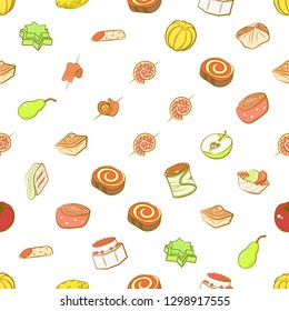 Fruits and Snacks set. Background for printing, design, web. Usable as icons. Seamless. Colored.