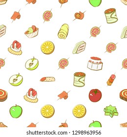 Fruits and Snacks set. Background for printing, design, web. Usable as icons. Seamless. Colored.
