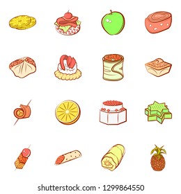 Fruits and Snacks set. Background for printing, design, web. Usable as icons. Colored.