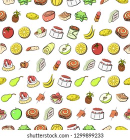 Fruits and Snacks set. Background for printing, design, web. Usable as icons. Seamless. Colored.