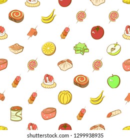 Fruits and Snacks set. Background for printing, design, web. Usable as icons. Seamless. Colored.