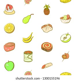 Fruits and Snacks set. Background for printing, design, web. Usable as icons. Seamless. Colored.