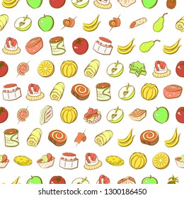Fruits and Snacks set. Background for printing, design, web. Usable as icons. Seamless. Colored.