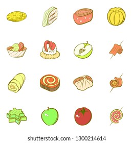 Fruits and Snacks set. Background for printing, design, web. Usable as icons. Colored.
