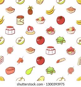 Fruits and Snacks set. Background for printing, design, web. Usable as icons. Seamless. Colored.