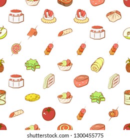 Fruits and Snacks set. Background for printing, design, web. Usable as icons. Seamless. Colored.