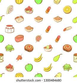 Fruits and Snacks set. Background for printing, design, web. Usable as icons. Seamless. Colored.