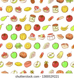 Fruits and Snacks set. Background for printing, design, web. Usable as icons. Seamless. Colored.