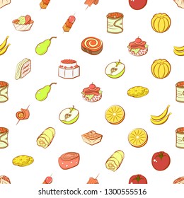 Fruits and Snacks set. Background for printing, design, web. Usable as icons. Seamless. Colored.