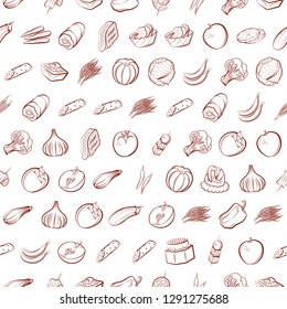Fruits, Snacks and Vegetables set. Background for printing, design, web. Usable as icons. Seamless. Binary color.
