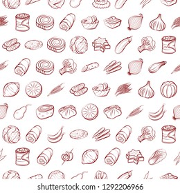 Fruits, Snacks and Vegetables set. Background for printing, design, web. Usable as icons. Seamless. Binary color.
