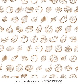Fruits, Snacks and Vegetables set. Background for printing, design, web. Usable as icons. Seamless. Binary color.