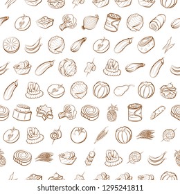 Fruits, Snacks and Vegetables set. Background for printing, design, web. Usable as icons. Seamless. Binary color.