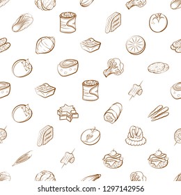 Fruits, Snacks and Vegetables set. Background for printing, design, web. Usable as icons. Seamless. Binary color.