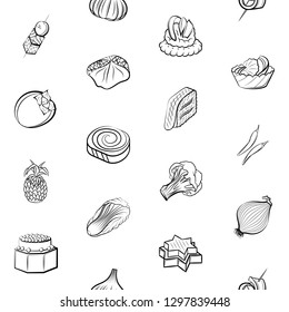 Fruits, Snacks and Vegetables set. Background for printing, design, web. Usable as icons. Seamless. Monochrome binary, black and white.