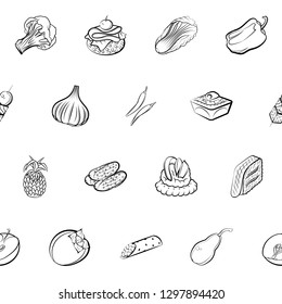 Fruits, Snacks and Vegetables set. Background for printing, design, web. Usable as icons. Seamless. Monochrome binary, black and white.
